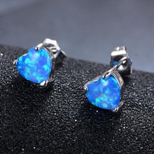 Blaike Cute Heart White/Blue/Green Fire Opal Stud Earrings For Women Silver Color Charming Birthstone Earring Gift