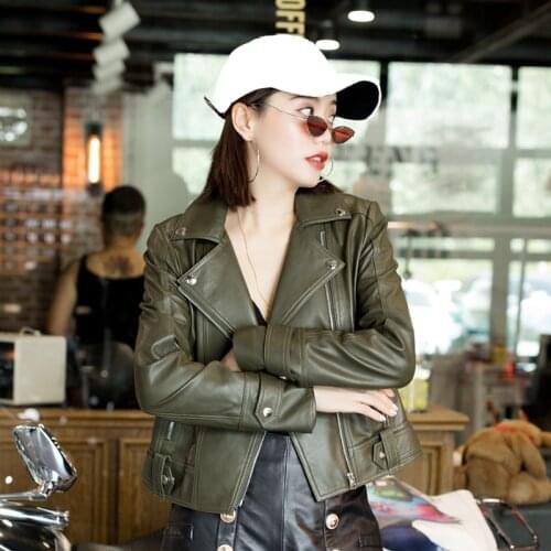 Women Green Lambskin Real Motorcycle Jackets Fashion Streetwear Clothes Genuine Leather Short Slim Zipper Coats Ladies
