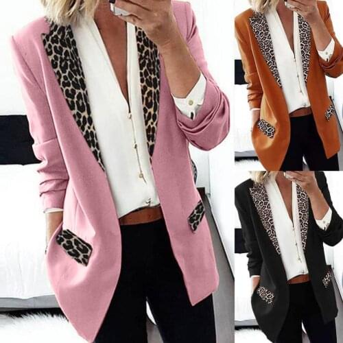 Office Lady Blazer Leopard Print Fake Flap Pockets Autumn Winter Long Sleeve Lapel Suit Jacket for Working