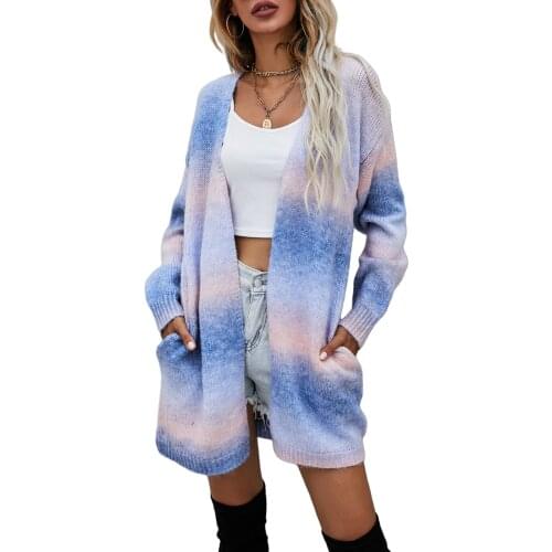 Women Open Front Sweater Adults Winter Tie-dye Long Sleeve Knit Cardigan with Pockets
