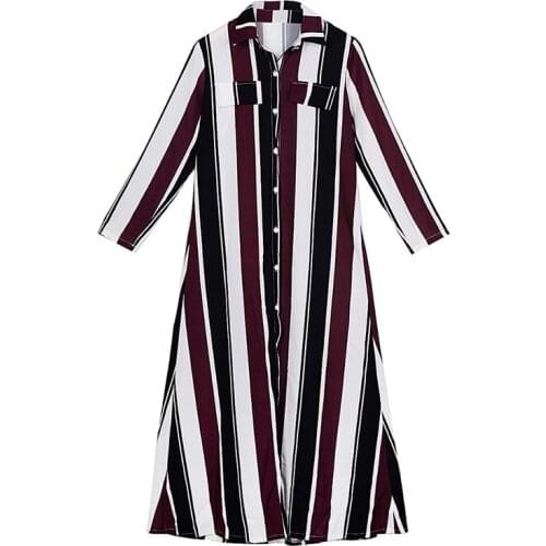 Paris Girl Womens White Collar Lapel Button - Up Frock with Long - Sleeved Spring Stripe Dress