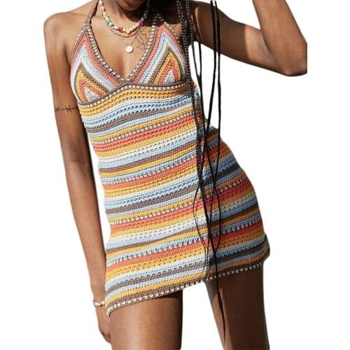 2021 Womens Halter Bodycon Mini Dress Sleeveless Backless Color Block Crochet Short Dress