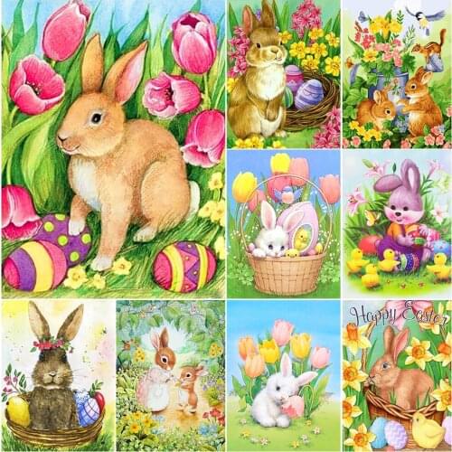 Diamond Painting Easter Bunny Cross Stitch Kit Cartoon Embroidery Full Drill Mosaic Bunny Rhinestone Wall Art Picture Decor Gift
