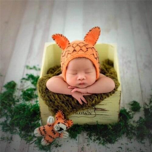 Amigurumi Newborn Photography Stuffed Animal Toy Bonnet Set Baby Shower Gift Crochet Mohair Tiger Bonnet Hat For Baby Photo