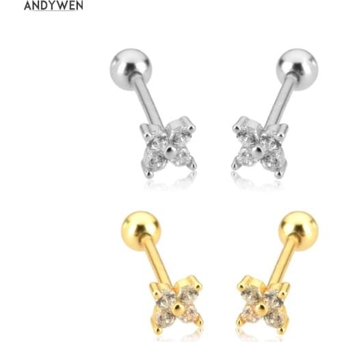 ANDYWEN 925 Sterling Silver Clear Four Zircon Piercing Clips Women Tiny Colorful Fine Jewelry Rock Punk Jewelry Gift Pendiente