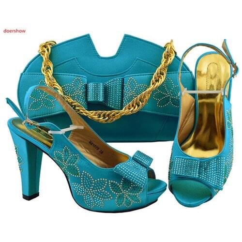 Doershow Women s.blue Shoes and Bags To Match Set Sale Shoes and Bags low Heel Sandals Women Italian African Party Pumps!SLN1-13