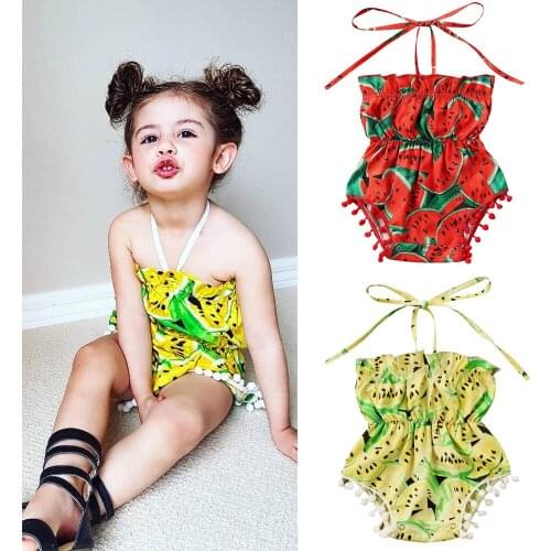 2020 Summer Toddler Baby Girls Bodysuits Clothes Fashion Tassel Watermelon Printed Jumpsuit Sunsuit Baby Lace Up Beach Outfits
