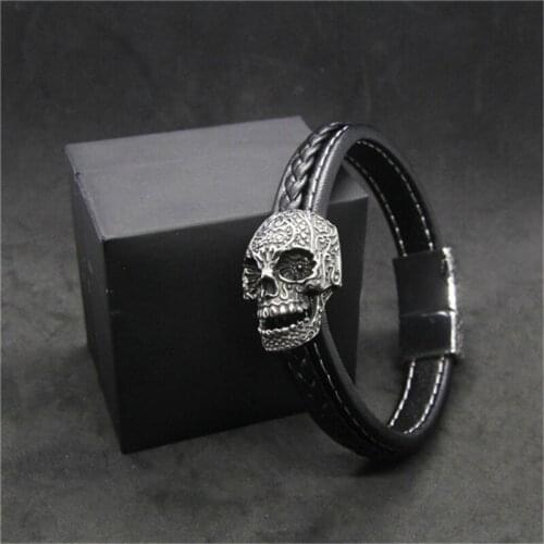 Newest Cool Skull Leather Bracelet 316 Stainless Steel Jewelry Punk Style Fashion Ghost Skull Biker Bracelet