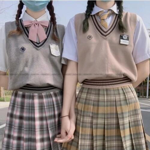 New Sweater Knit Vest Japanese Girls College JK Uniform Student Spring Autumn Thin V-neck Hamana Sakura Embroidery Khaki Gray