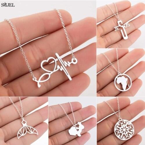 New Stainless Steel Necklaces for Women Mermaid Tail Africa Map Jesus Rabbit Stethoscope Pendants Necklaces Accessories Party