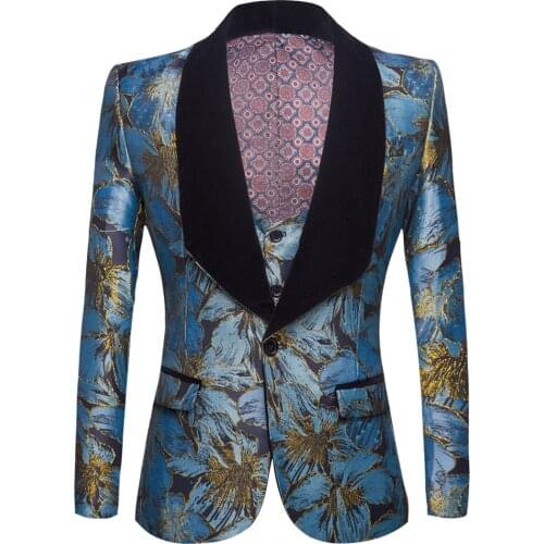Jacquard suit for men Tide Men Navy Sky Blue Floral Print Fashion Casual Suits Latest Coat Pant Designs Wedding Groom Costume