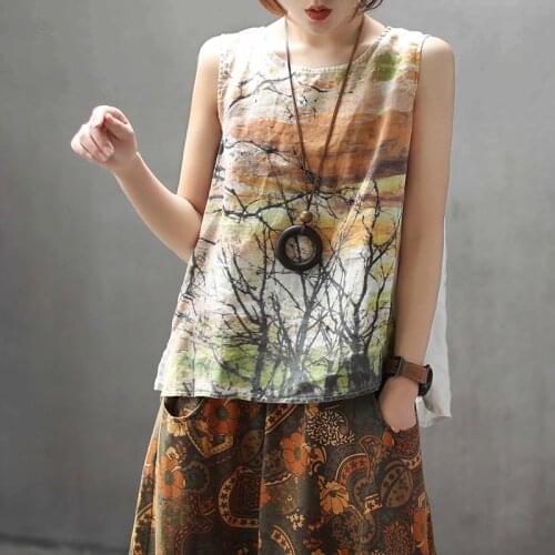 QPFJQD Vintage Painted Tanks WomenS Sleeveless Summer Linen T-Shirt Luxurious Ink Landscape Pattern Ladies Printing Vest Tops
