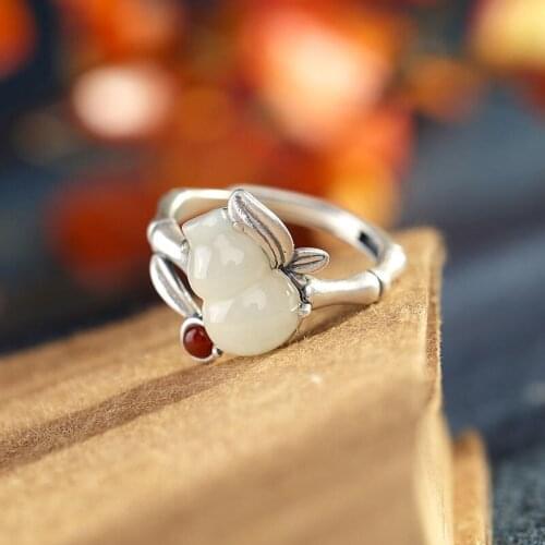 S925 Sterling Silver Inlaid Natural Hetian Jade White Jade Gourd Leaves Natural Fresh Simple Ring Ring Ornament Women