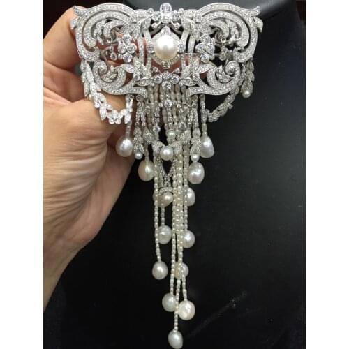 Natural freshwater pearl brooch 925 silver with cubic zircon tassels top quality china pattern fine women jewelry