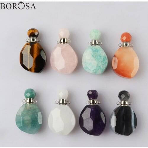 Silver Healing Crystal Gems Stone Perfume Bottle Diffuser Necklace, Faceted Rose Crystal Topaz Perfume Bottle for Women WX1838