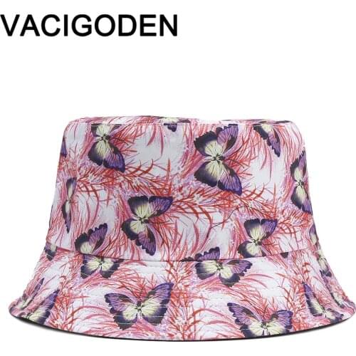 VACIGODEN Women Fashion Reversible Colored Butterfly Printed Bucket Hat Mixed Colors Outdoor Chapeau Fisherman Caps De Pescador