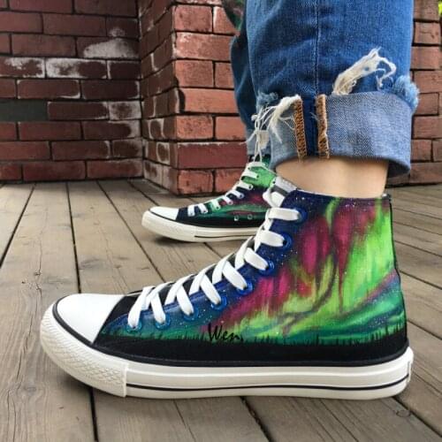 Wen Hand Painted Shoes Design Custom Original Colorful Aurora Men Womens High Top Canvas Sneakers for Gifts