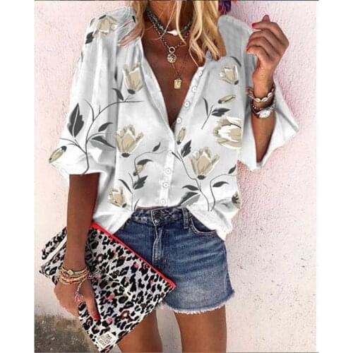 Spring Women Blouse Solid Color Floral Printed Sexy Deep V-Neck Lady Shirts Single Breasted Casual Female Clothes 2021 Mujer Top