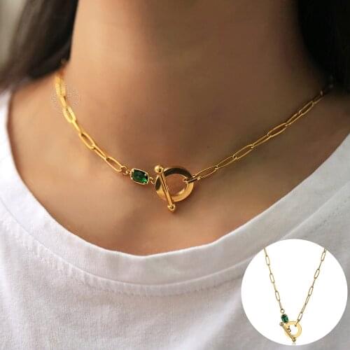 Green Stone Choker For Women Chic Gold Color Stainless Steel Paperclip Cable Link Chain Dropshipping Gift Jewelry LDN277