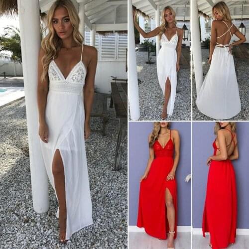 Fashion Boho Women Long Skirts Lace Backless Halter Skirts V Neck Maxi Beach Skirts Sundress White Tee Neck Sleeveless Skirts