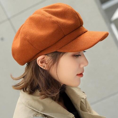 Caps British Style Felt Solid Color Wide Brim Women Beret Winter Warm Peaked Cap Hat