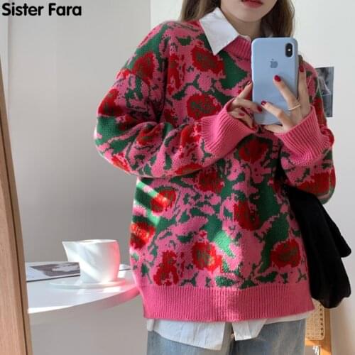 Sister Fara New Winter 2021 Knitting Floral Sweater Women O-Neck Loose Long Sleeve Thick Knitting Coat Female Pullover Sweater