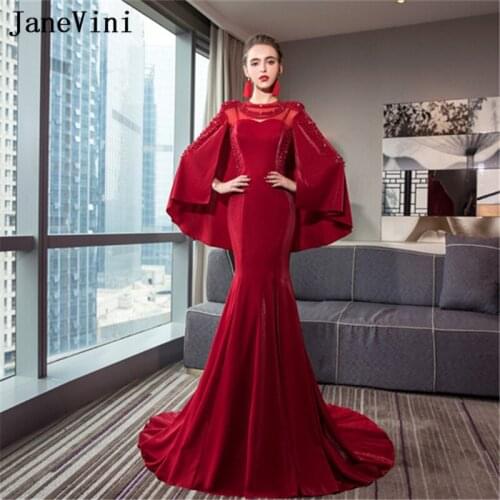 JaneVini Vestidos Luxurious Beaded Pearls Mermaid Mother of Bride Dress With Detachable Cape Women Burgundy Satin Evening Gowns