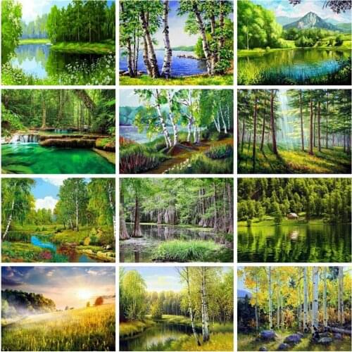 Huacan Square/round Diamond Painting Full Drill Tree Spring Scenery Mosaic Forest River Landscape Embroidery Wall Stickers