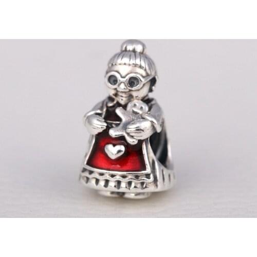 Authentic S925 Silver Red Enamel Mrs. Santa Claus Bead Charm fit Lady Bracelet Bangle DIY Jewelry