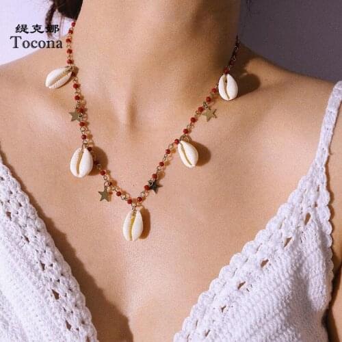 Tocona Bohemian Red Bead Necklace for Women 2020 Summer Shell Star Chain Choker Necklace Jewelry Accessories Collar 8291