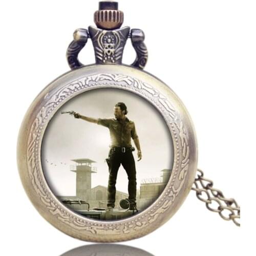 Hot American Drama The Walking Dead Theme Hero Rick Design Glass Dome Quartz Pocket Watch With Chain Necklace
