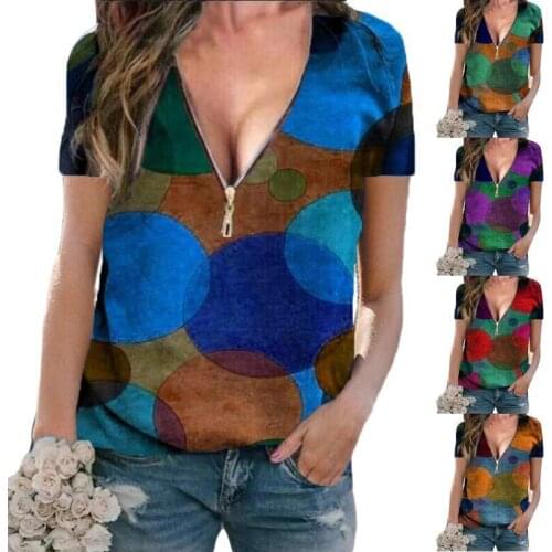 Print Zipper Summer T Shirt Women Casual Tee Shirts Harajuku Sexy Tops Short Sleeve V Neck Ladies Clothing Ropa De Mujer Vintage