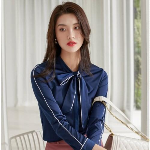 IZICFLY Autumn New Style Spring Blue Tops For Women Fashion Bow Work Korean Shirt Slim Office Blusas Business Blouse Plus Size