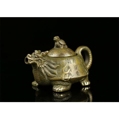 Chinese old antique brass statue dragon turtle Tortoise teapot wine pot Flagon