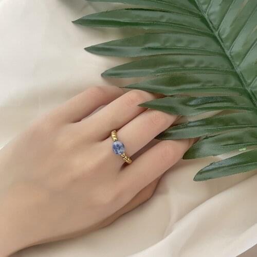 Gold Silver Stainless Steel Rings Oval Natural Stone Ring for Women Pink Crystal Opal Lapis Lazuli Adjusiable for Girls