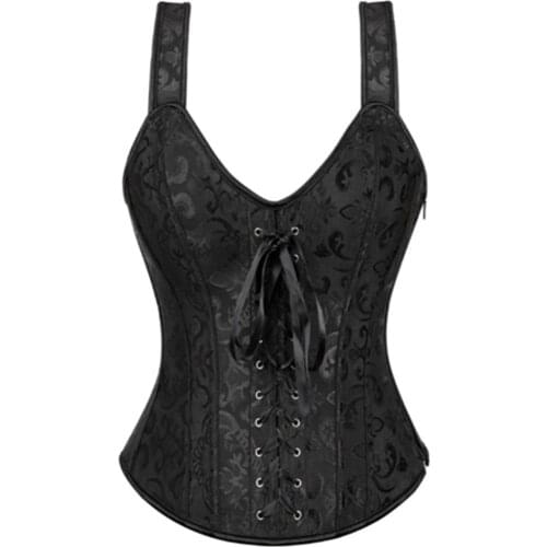 Steampunk Corset Satin Jacquard Sexy Shoulder Straps Zipper Side Overbust Waist Trainer Bustier Corsets Plus Size S-6XL