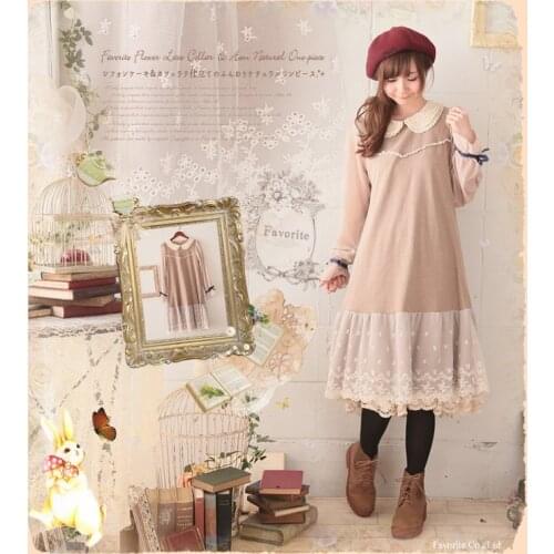 Lolita Cute Mori Girl Japanese Style Cotton Linen Peter Pan Collar Lace Ruffle Chiffon Long Sleeve Women Autumn Spring Dress