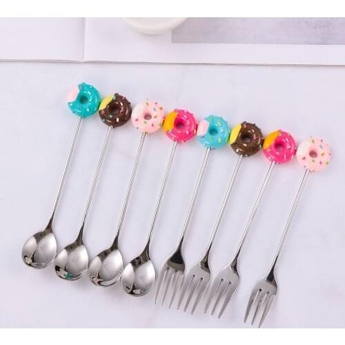 Mini Dessert Spoon Stainless Steel Fork Spoon Ice Cream Coffee Stirring Spoons Teaspoon Donut Fruit Fork Kitchen Flatware
