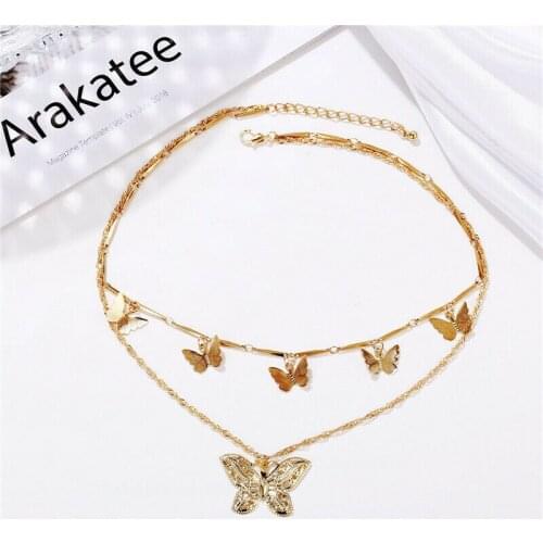 Multilayer Chain Fashion Butterfly Pendant Gold Color Vintage Jewelry Necklace Women