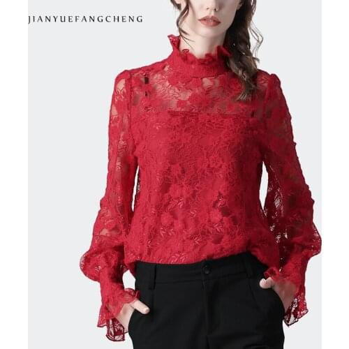 Fashion Hollow Out Floral Seethrough Lace Blouse Women Loose Plus Size Stand Ruffled Collar Flared Sleeve Ladies Top 2020 New