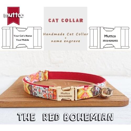 MUTTCO retail handmade engraved high quality metal buckle collar for cat THE RED BOHEMIAN design cat collar 2 sizes UCC055J