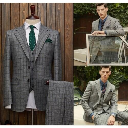 Mens Blazers Damier Check Groom Tuxedos Two-Button Groomsmen Custom Made Best Man Suit Bridegroom 3 Pcs Suit (Jacket+Vest+Pants)