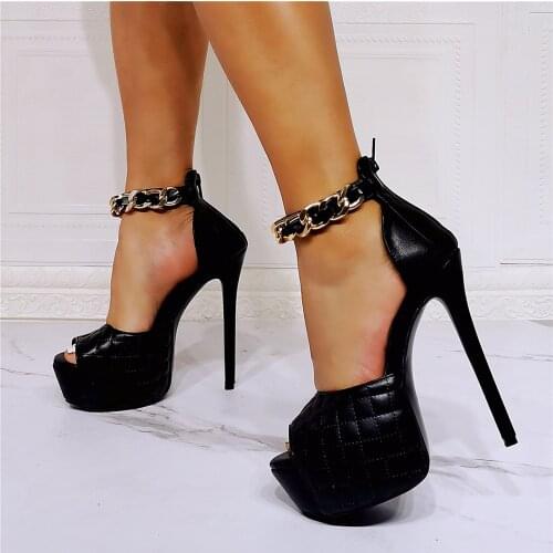 Sandalias Mujer Sexy Women Black Leather Peep Toe Platform Sandals Super Stiletto Heel Buckle Strap Classic Party Sandals Shoes