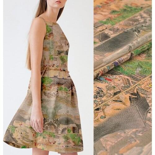 140CM 16MM Chinese Famous Painting Print Thin Silk Crepe De Chine Fabric for Summer Dress Blouse Skirt Shirt Scarf Pants J044