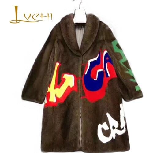 LVCHI Fashion Streetwear Music Festival Winter Warm Mink Fur Coat Genuine Leather Letter Print Mink Fur Coats Womens Fox Furs