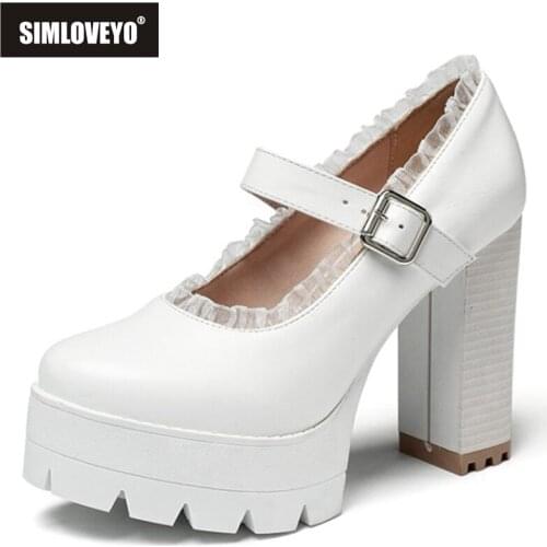 SIMLOVEYO 2021 Concise Ladies Pumps Mary Janes Platforms Lace Party Buckle Strap Round Toe Chunky Heel Shoes Black White A4528