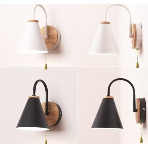 Pull Switch Iron Wood Nordic Black/White E27 Wall Light Fixture Lampara Pared Stairs Led Light Lamps for Home Lampara De Pared