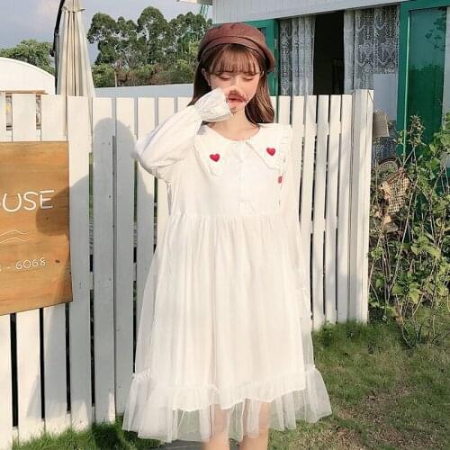 Japanese Sweet Women White Dress Doll Collar Cute Long Sleeve Girl Kawaii Heart Embroidery Short Mesh Green Princess Dresses