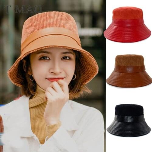 Fisherman Hat Women Bucket Hat Cotton Corduroy Artificia Leather Cute Print Fashion Mens Caps Sun Hat