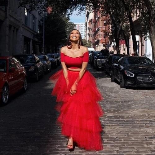 Elegant Red Ruffles High Long Tulle Women Skirts 2020 Custom Made High Quality Birthday Party Tulle Skirt Elastic